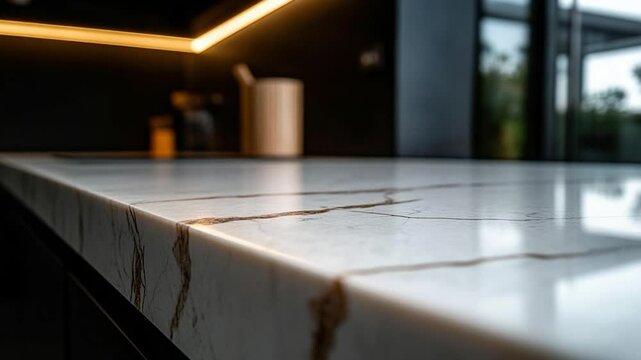 Close-up of a marble countertop with veins and a warm light fixture. The kitchen has a modern design and a blurred background.