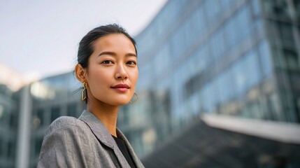 Professional Asian Woman Standing in Front of Modern Corporate Building