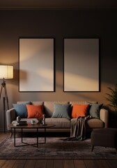 Realistic Interior Design Room with Stylish Couch Pillow and Blanket