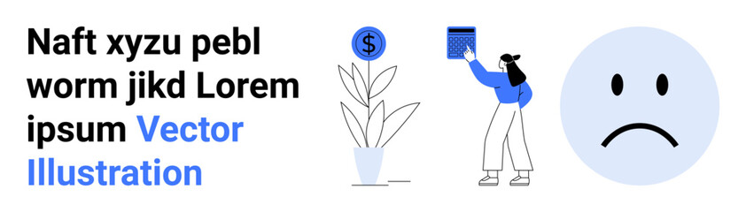 Woman places money into a piggy bank near a plant with a dollar symbol at the top. Nearby, a neutral face icon expresses doubt or concern. Ideal for finance, growth, investment, saving