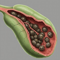 A human gallbladder filled with stones and cracks, symbolizing gallstones or gallbladder damage.