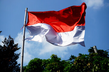 The Indonesian flag, red above and white below, red means blood and white means bone, red means...