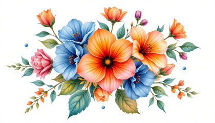 Obraz premium Vibrant arrangement of watercolor flowers featuring orange, blue, and pink blooms, surrounded by lush green leaves, creating cheerful and lively atmosphere