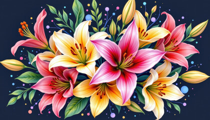Fototapeta premium Colorful bouquet of vibrant lilies and foliage, showcasing blend of pink, yellow, and white flowers against dark background, creating lively and cheerful atmosphere