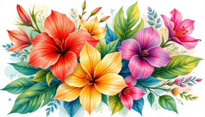 Fototapeta premium Vibrant watercolor illustration of tropical flowers featuring hibiscus and other blossoms, surrounded by lush green leaves, creating lively and cheerful atmosphere
