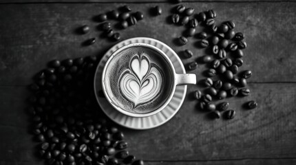 Obraz premium Aromatic coffee art, a latte or cappuccino, surrounded by coffee beans on a wooden table