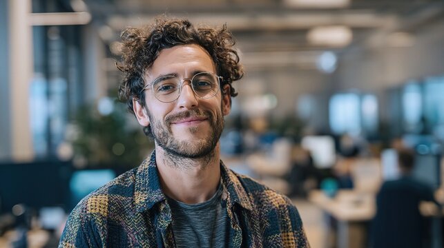 Smiling Startup Founder in a Modern Open Office Space