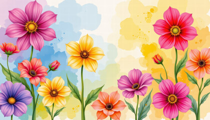 Obraz premium Bright and colorful flowers bloom in vibrant garden, showcasing various shapes and hues against soft, abstract background. lively petals create cheerful atmosphere