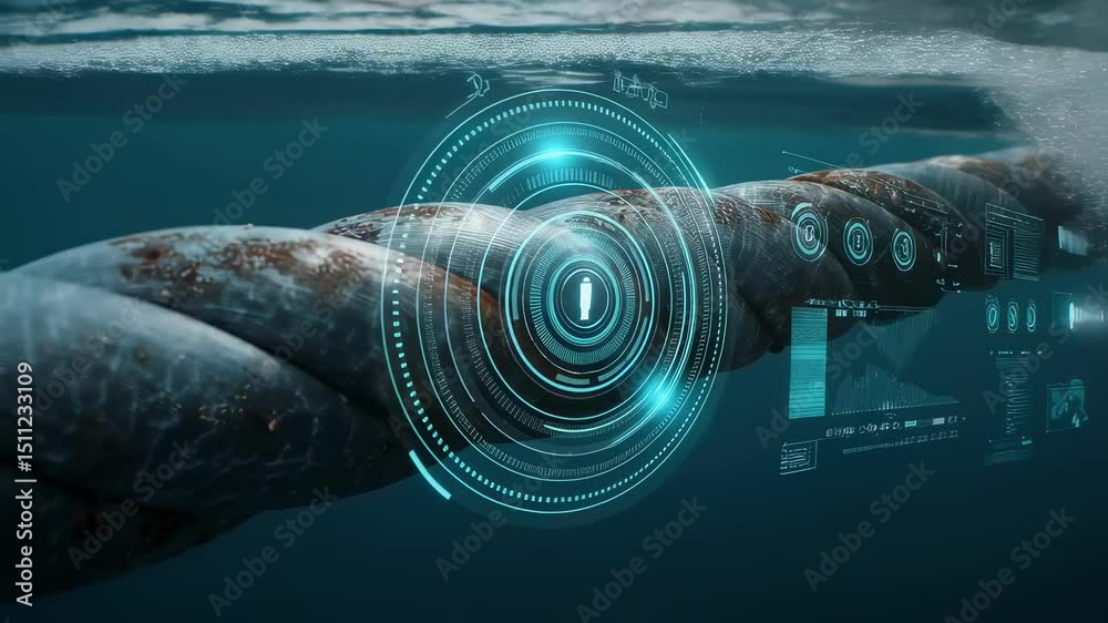Poster futuristic heads up display interface analyzes underwater rope, providing data visualization and ins