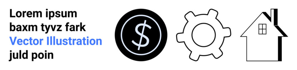 Dollar sign in circle, gear, and house silhouette. Ideal for finance, progress, productivity, real estate, business growth, innovation and simple landing page