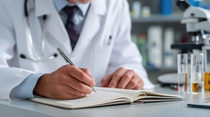 Doctor in Lab Coat Writing Notes at Desk in Scientific Environment