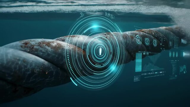 Futuristic heads up display interface analyzes underwater rope, providing data visualization and insights into its condition and structural integrity