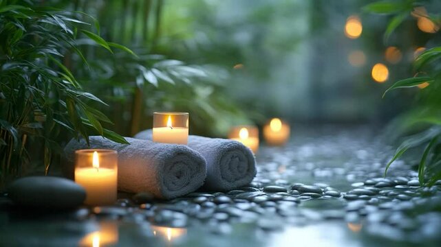 Serene Spa Setting: Candles, Towels, and Pebbles