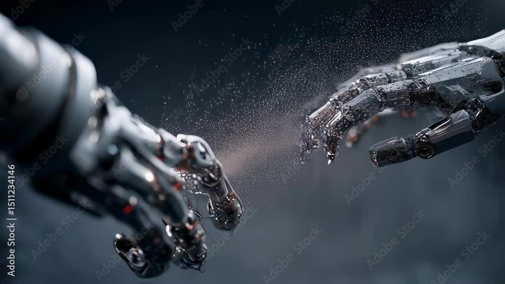 Poster robotic arms delicately manipulating smartdust particle cloud, demonstrating cutting edge sensor tec
