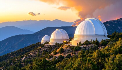 Obraz premium Majestic Mountaintop Observatories at Sunset A View of Scientific Discovery