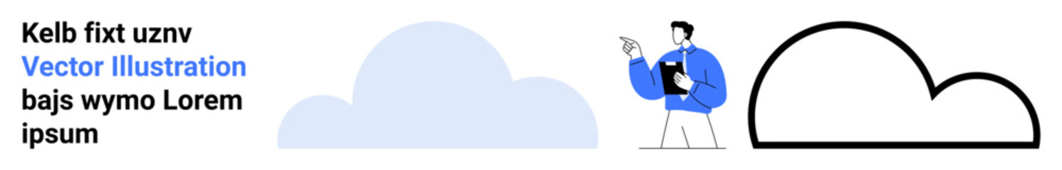 Man holding clipboard pointing confidently, flanked by blue and outlined cloud shapes. Ideal for teamwork, brainstorming, technology, data, innovation, strategy, presentations simple landing page