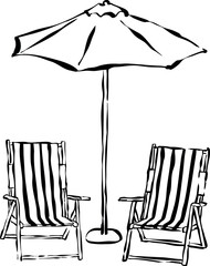 Ilustración vectorial de dos tumbonas con sombrilla. Garabato de sillas de playa. Dibujo a mano de vacaciones en verano. 