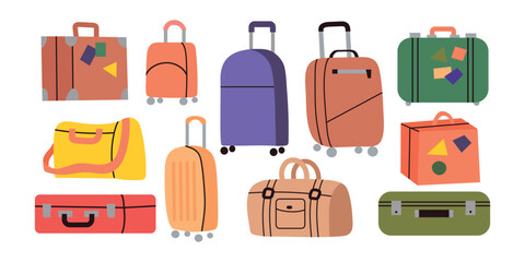 Set collection 3 of hand drawn travel luggage, cases, backpacks and bags. Travel suitcase for trip, journey, vacation, tourism