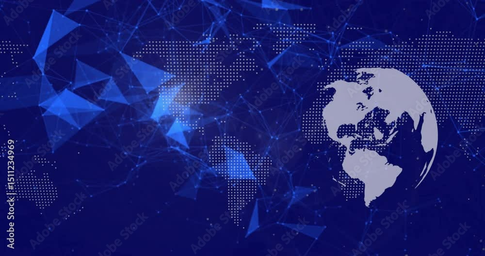 Poster polygons emerging from left forming network around rotating globe illustrating network connectivity