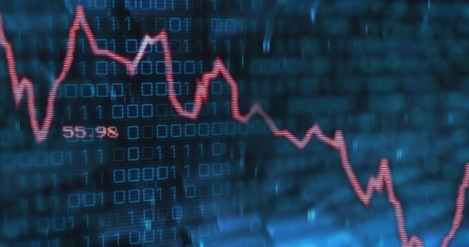 Opening with dark blue binary scrolling causing red chart fluctuating across peaks troughs fading