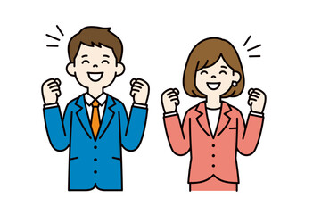 やる気あふれる、元気なビジネスマンのシンプルなベクターイラスト素材＿男女セット＿カラー