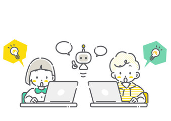 AIを使って楽しく学ぶ子どもたち　シンプルでかわいい線画イラスト