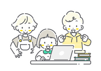 インターネットを使って楽しく学ぶ子どもたち　シンプルでかわいい線画イラスト