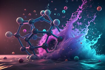 Hexagonal Molecular Structure with Colorful Liquid Splash – Scientific Visualization
