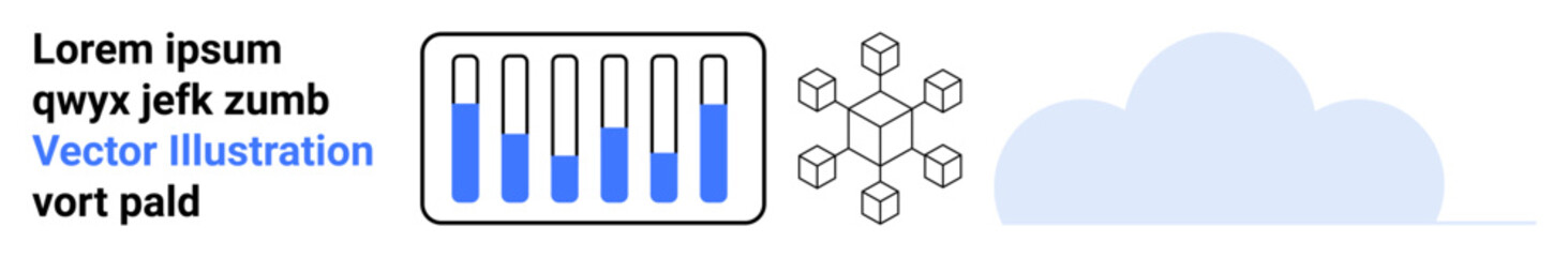 Blue-highlighted bar graph, network node diagram, abstract cloud. Ideal for technology, data, cloud services, connectivity, information exchange, digital transformation simple landing page