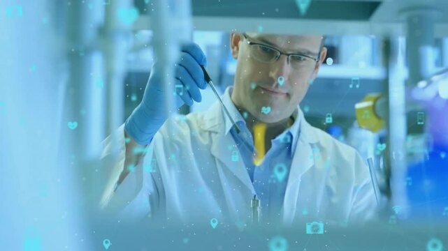 Male researcher picking loop into flame sterilizing tip with icons shifting cyan to green in lab