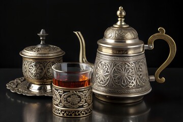 Ornate Metal Teapot and Tea Glass with Intricate Floral Patterns – Elegant Tea Photography
