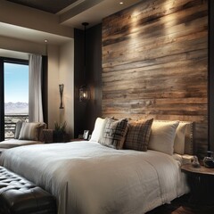 Modern rustic bedroom with wood accent wall