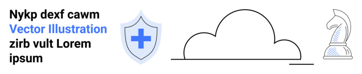 Fototapeta premium Cloud icon beside shield with cross and chess knight. Strategic planning, data protection, technology, innovation, cybersecurity, healthcare, business foresight. Ideal for a simple landing page