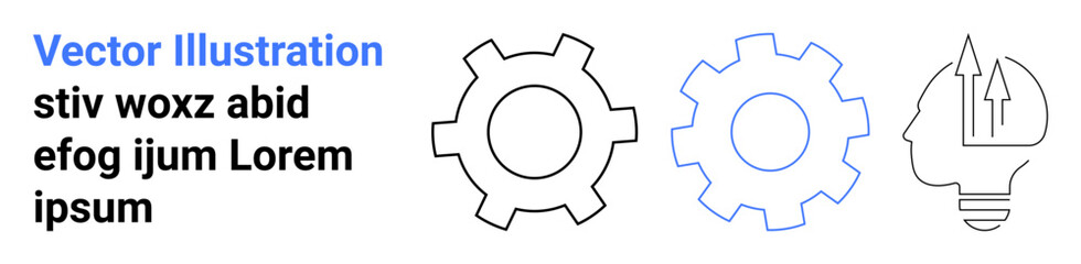 Three minimalist icons including two gear outlines and a profile with a lightbulb head symbolizing thinking. Ideal for innovation, teamwork, process, creativity, technology, strategy, simple landing