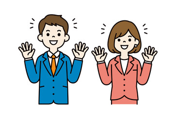 両手を広げて喜ぶ、ビジネスマンのシンプルなベクターイラスト素材＿男女セット＿カラー