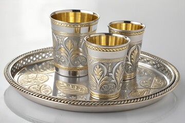 Ornate Silver and Gold Cups with Decorative Tray – Elegant Tableware Photography
