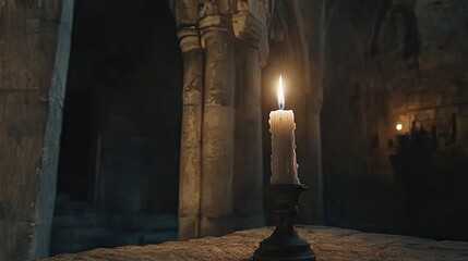 Illuminated candle in a dark, ancient chapel.