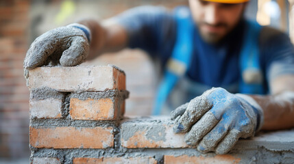 Close up of industrial bricklayer installing bricks on construction site
