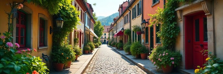 Obraz premium Charming cobblestone street in a quaint European city, lined with colorful buildings and lush greenery Perfect for travel, tourism, and city life imagery , photogenic, urban