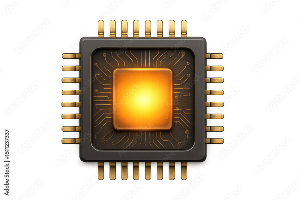 Poster glowing microchip with gold pins and circuits on a transparent background, representing computer pro