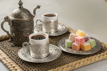 Elegant Turkish Tea Set with Colorful Delight on Woven Tray – Cultural Beverage Photography
