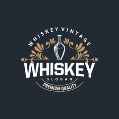 simple minimalist whiskey logo design, bourbon drink design old retro vintage ornament illustration symbol brand product template, business, bar, cafe, restaurant