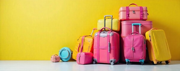 A colorful array of suitcases and travel bags neatly stacked, ready for a holiday adventure Bright, cheerful, and evocative of summer travel and exciting destinations , happy, vacation