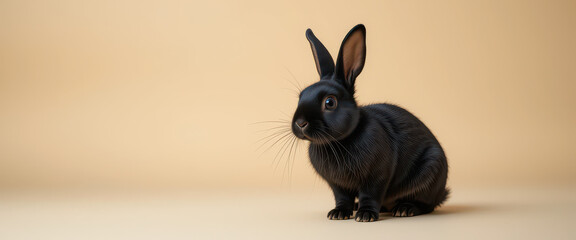 Obraz premium Elegant black Havana rabbit sitting on neutral beige background, sleek fur and upright ears ideal for pet photography, animal blogs, and stock photo use