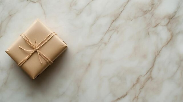 A gift box wrapped in brown paper tied with twine rests on a luxurious marble surface offering ample copy space. The neutral tones evoke a sense of elegance and anticipation.