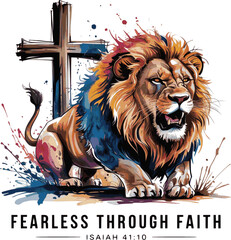 Fear not, for I am with you; be not dismayed, for I am your God; I will strengthen you, I will help you , Isaiah 41:10 ,Roaring Lion Watercolor Splash – Spiritual Strength Illustration