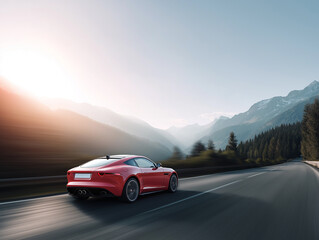 Scenic drive through mountains featuring a sleek red sports car at sunset