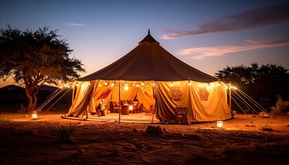 Warm light glows from a Bedouin tent at dusk, illuminating a cultural rural scene with peace.