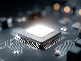 Close-up view of a glowing microchip on a circuit board with intricate patterns in a modern technology setup