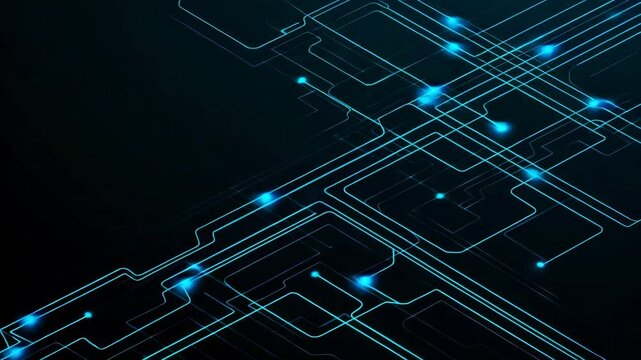 Futuristic isometric digital circuit glowing with neon blue and cyan lines, abstract data flow animation without central processing unit, high-tech network concept - Powered by Adobe